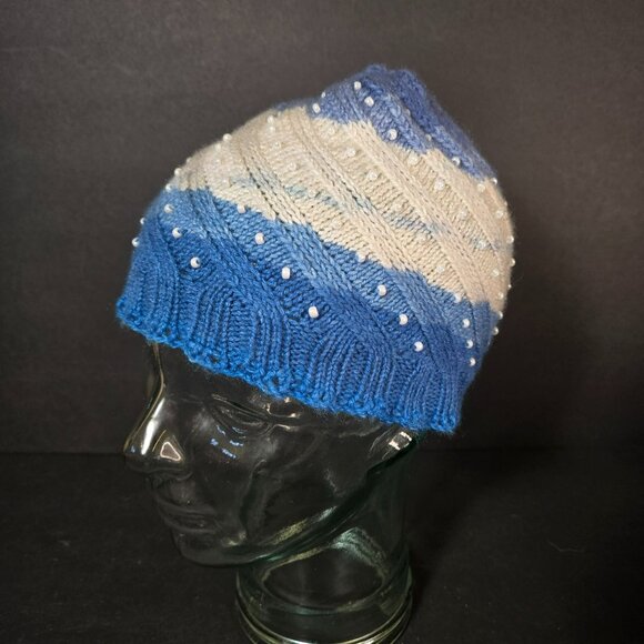 Handmade Knit Hat Blue White Faux Pearl Swirl Design Warm Winter Cap Wool Blend - Picture 2 of 8